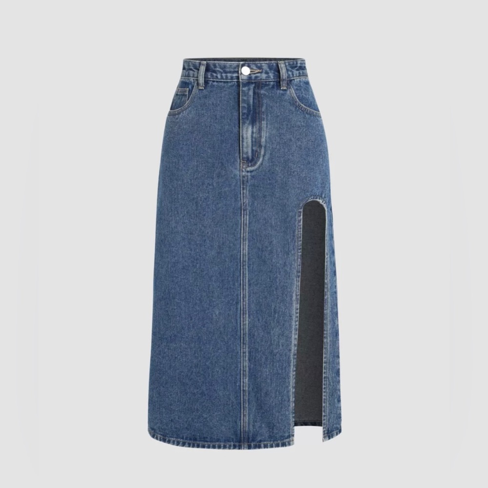 Denim Solid Split Midi Skirt